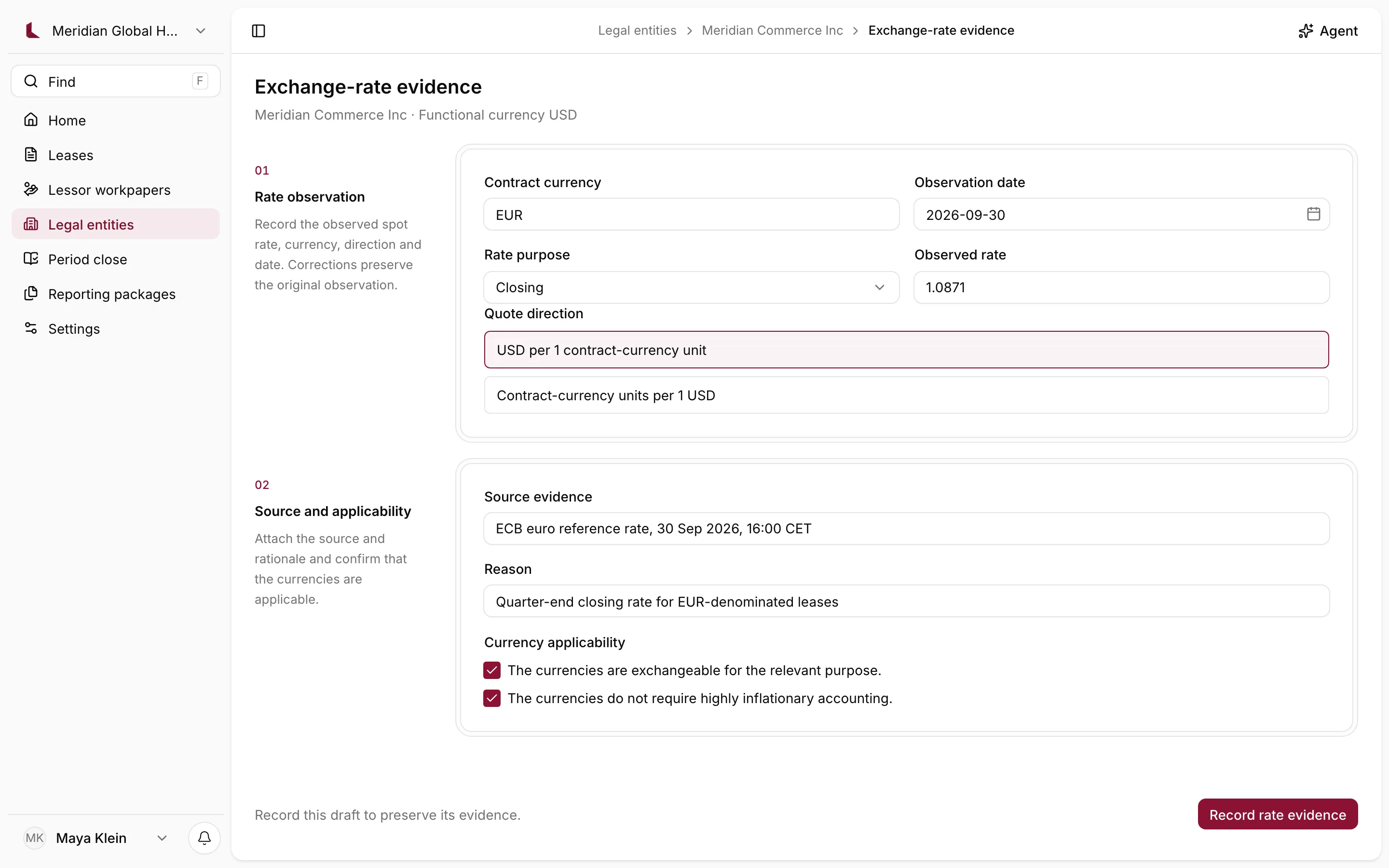 Exchange-rate evidence for a EUR closing rate of 1.0871 with its source and applicability