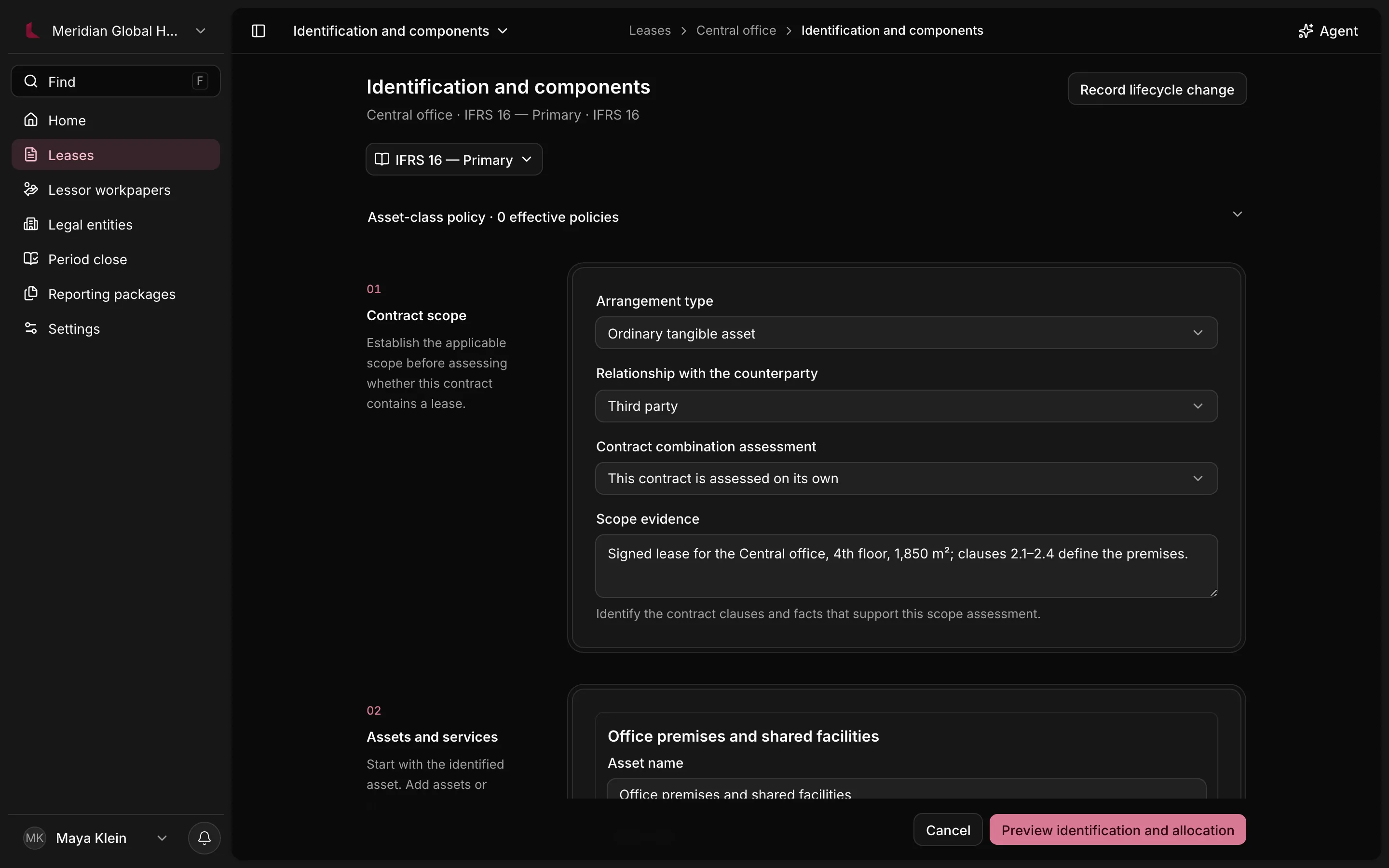 Identification workspace with the contract scope assessed: arrangement type, counterparty relationship and scope evidence