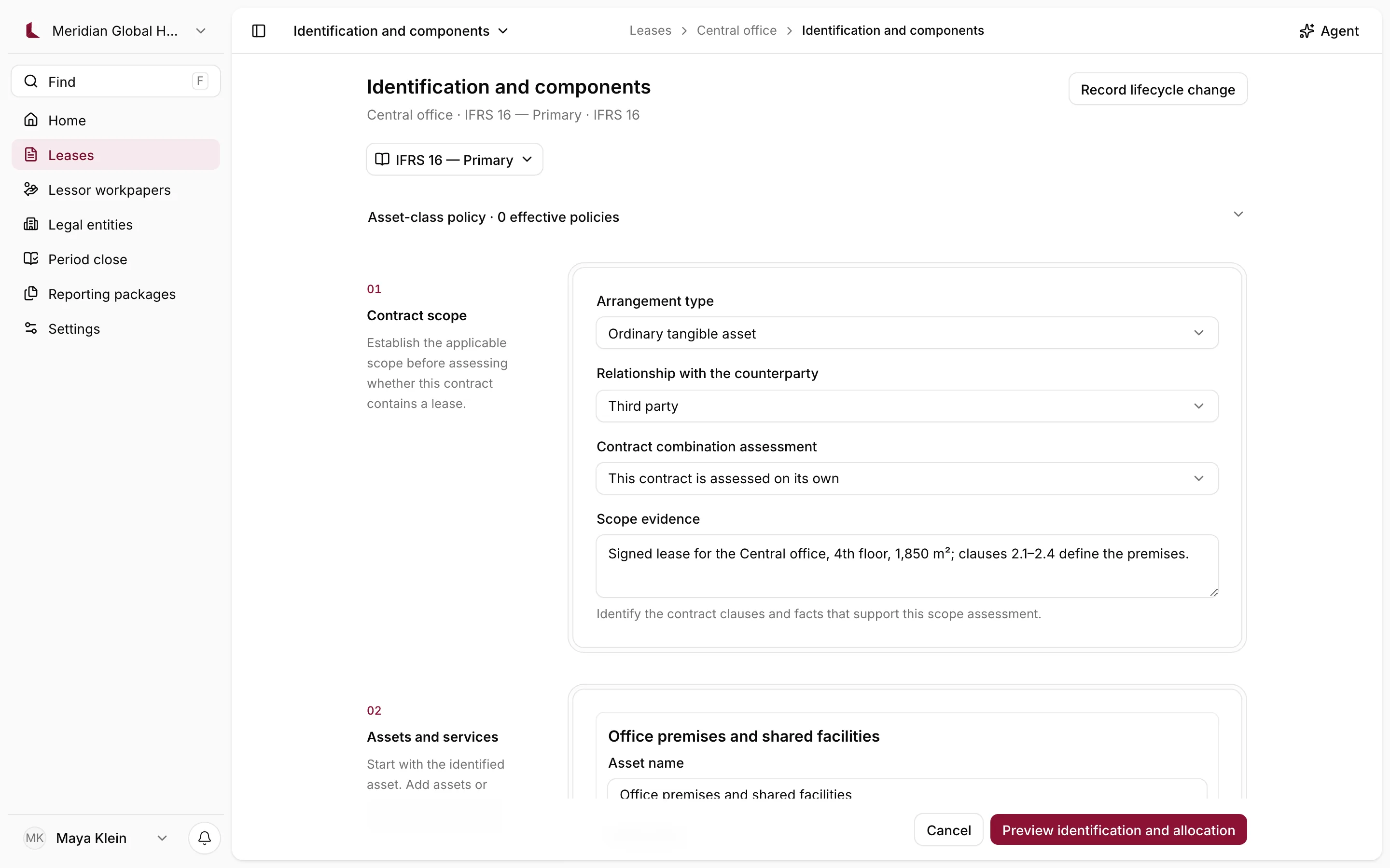 Identification workspace with the contract scope assessed: arrangement type, counterparty relationship and scope evidence