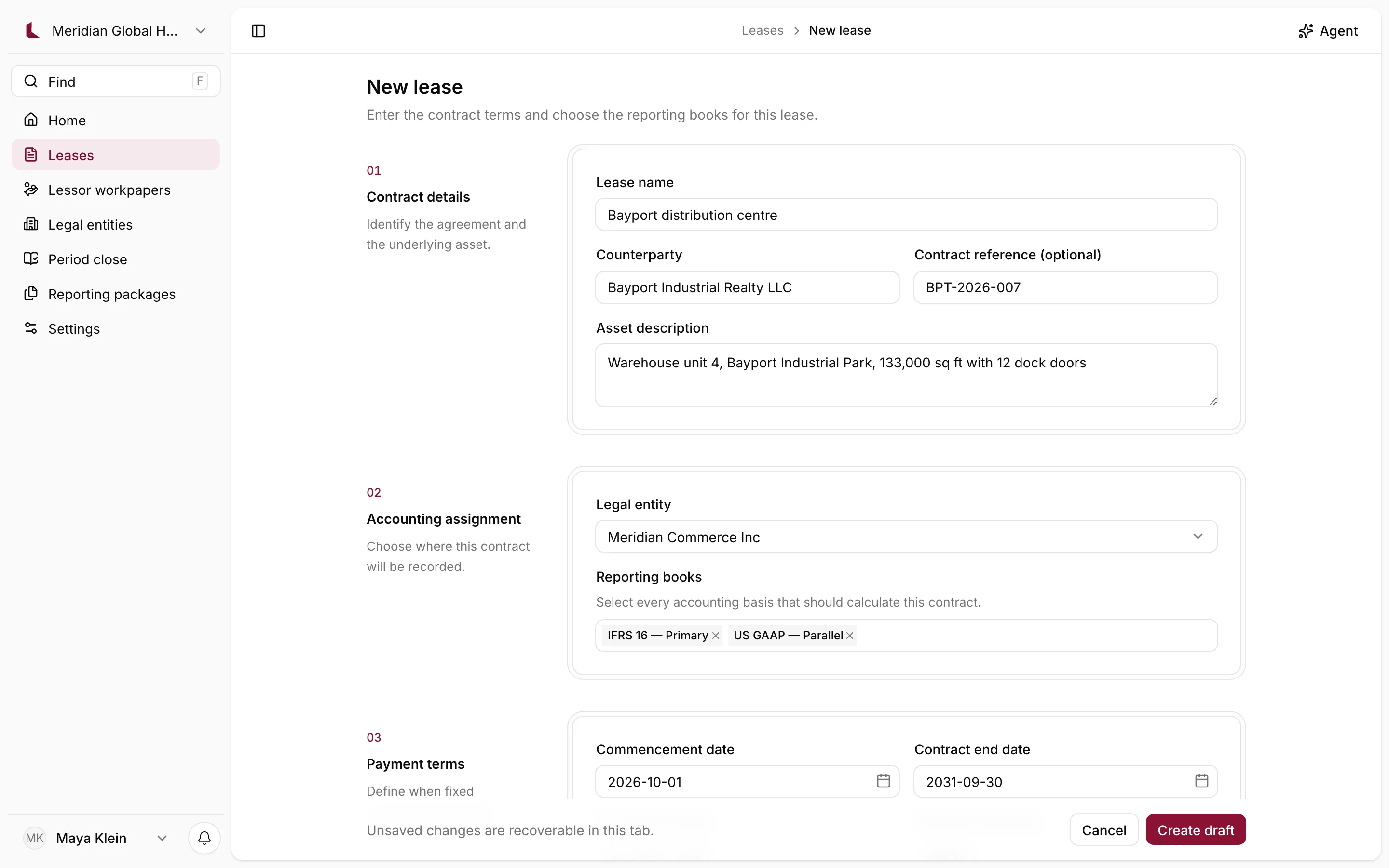 New lease form filled in for a warehouse lease: contract details, legal entity, reporting books and dates