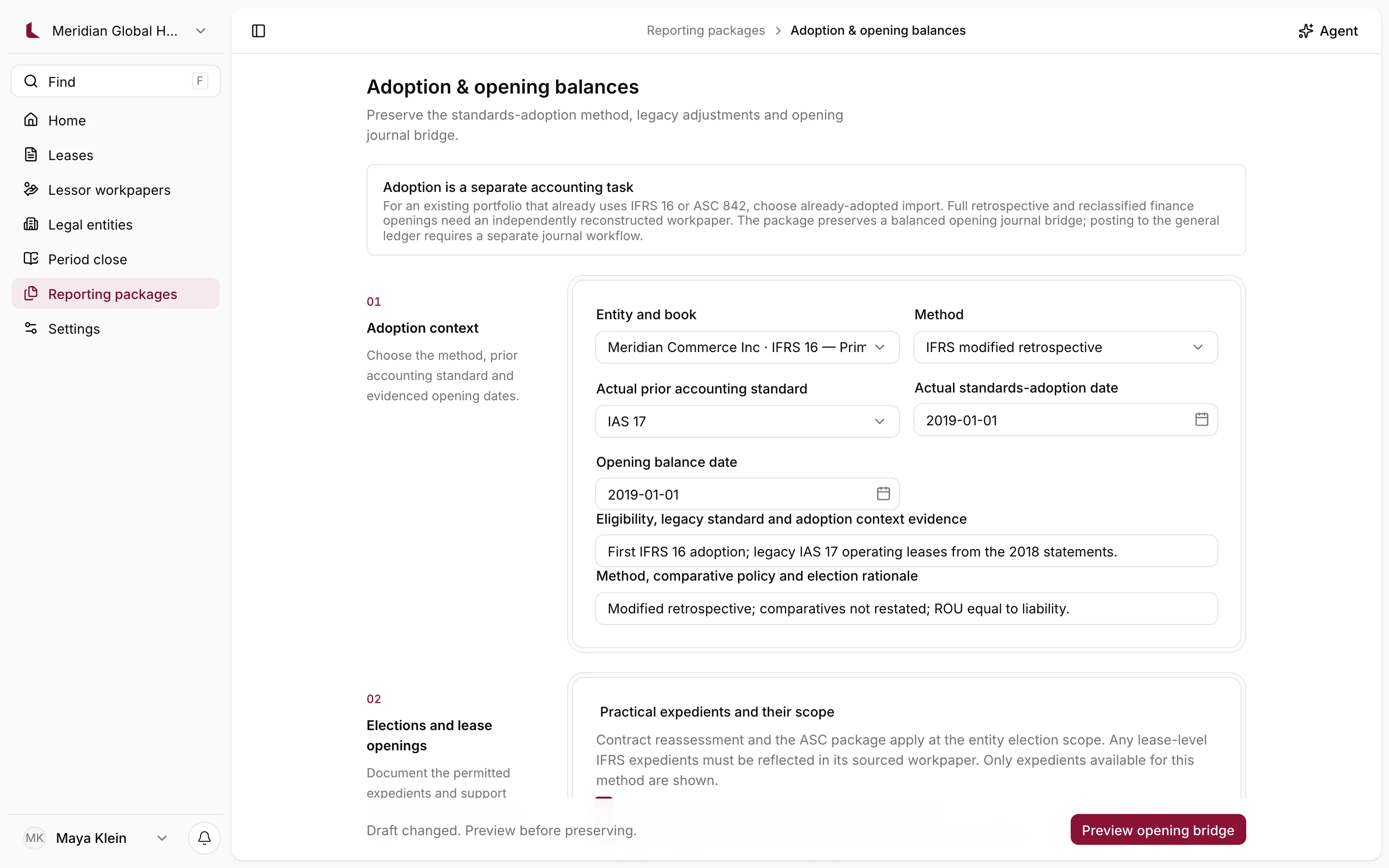 Adoption workspace set to IFRS modified retrospective from IAS 17, with opening balance date and election rationale